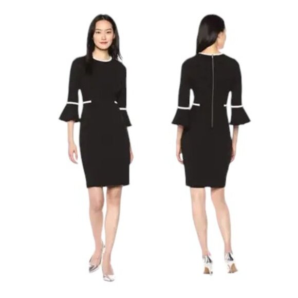 Calvin Klein Dresses & Skirts - Calvin Klein Black Cream Bell sleeve gold Zipper Dress Size 6